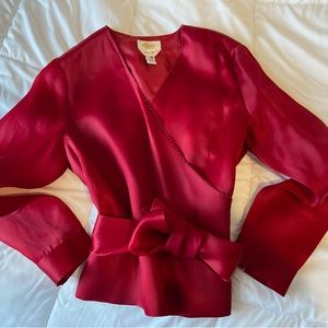 Talbots Beaded Deep Red Silk Wrap Blouse.